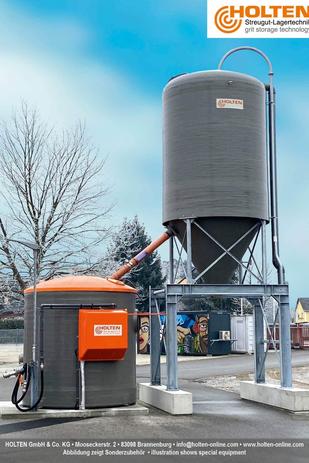Streugutlagersilo GFK / Stahl mit Soleerzeuger im Winter